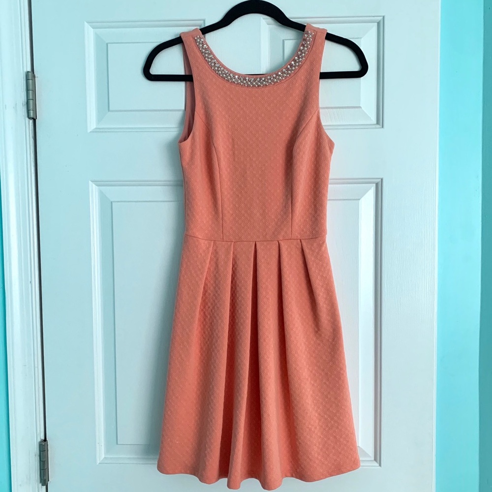 Francesca’s Coral Beaded Fit and Flare Dress